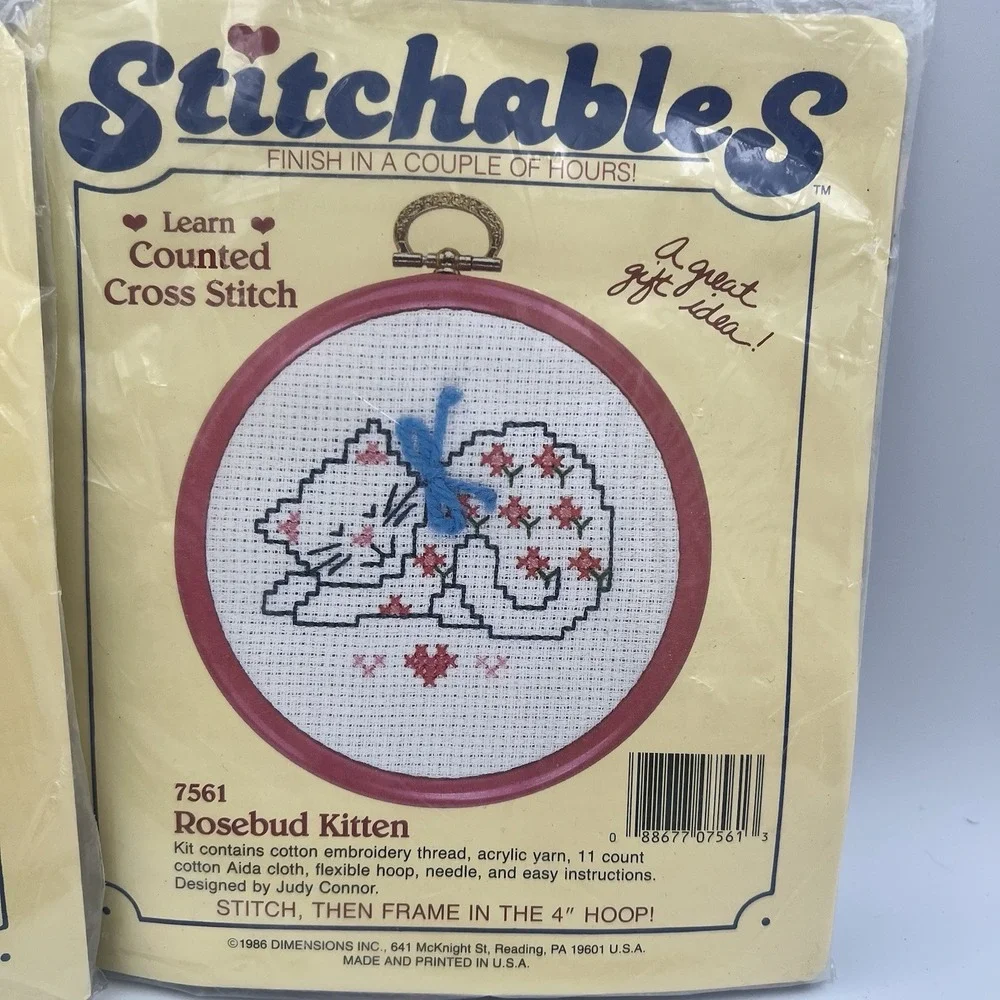 NEW Vintage 80s Stitchables Lot of 2 Cross Stitch Needlepoint Kit Kitty Cat Bear